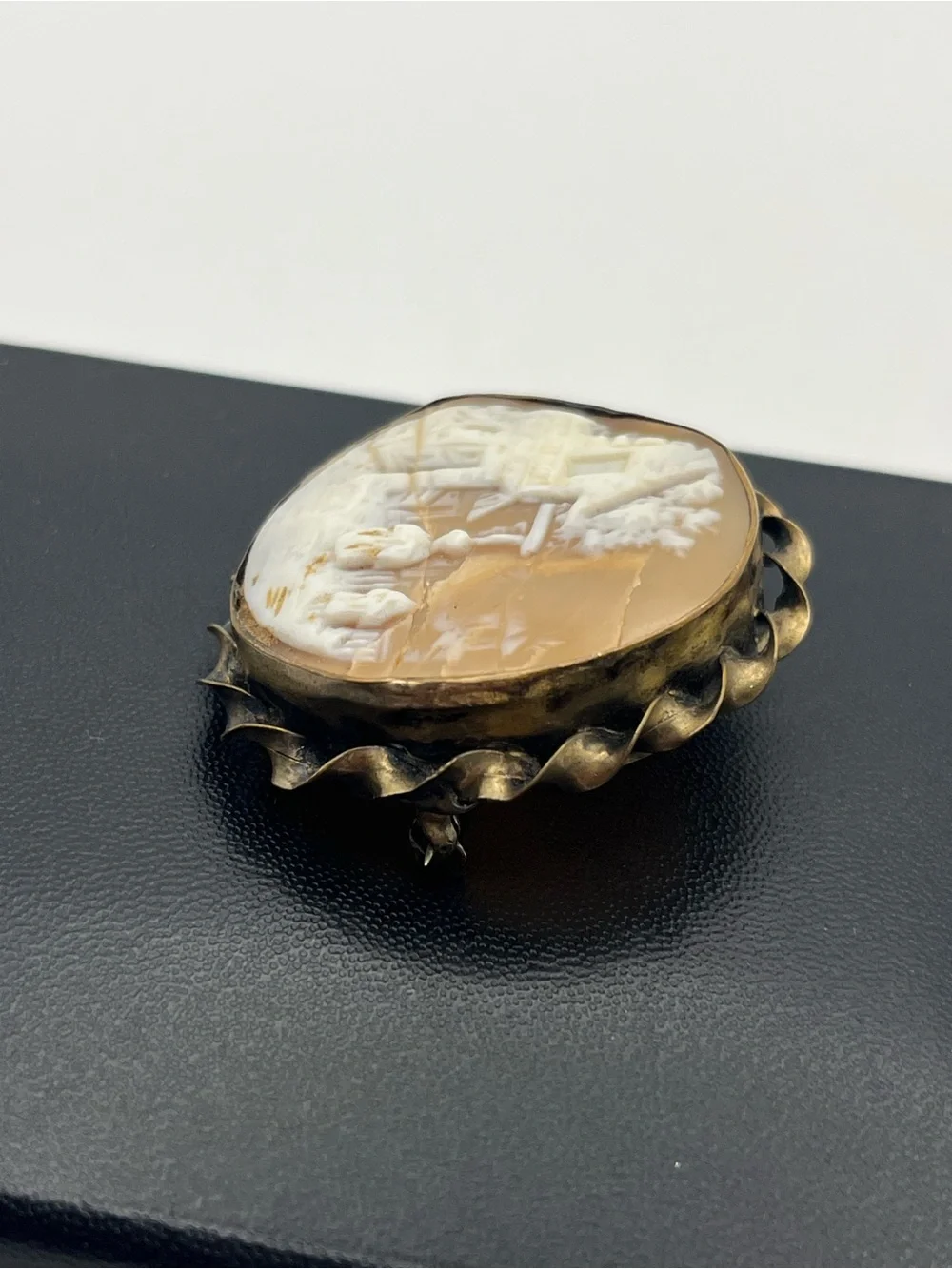 Victorian round carved shell Cameo landscape cottage gold tone brooch pin